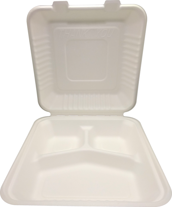 100 Mayax Bagasse Clamshells - 3-compartment - 230x230x76mm - 1300ml Eco-Friendly Lunch Box