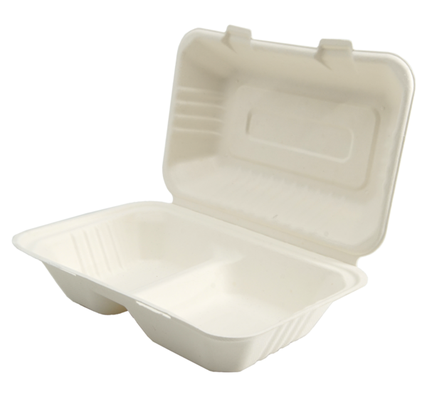125 Zuckerrohr Menüboxen - 2-geteilt - 230x153x80mm - 700ml stabile Lunch Box Bio Plastikersatz