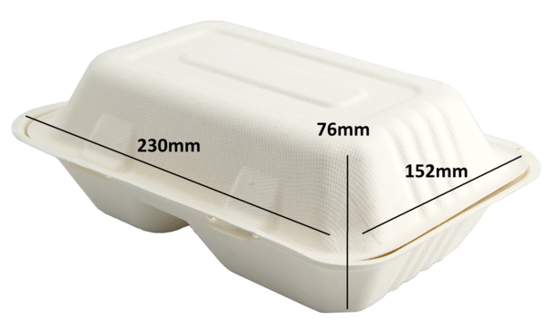 125 Mayax Bagasse Clamshells - 2-compartment - 230x153x80mm - 700ml Eco-Friendly Lunch Box