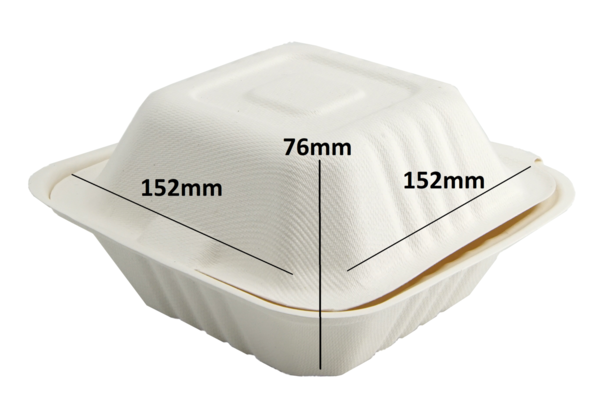 125 Mayax Bagasse Clamshells - Burger Box - 152x152x76mm - 450ml Eco-Friendly Lunch Box