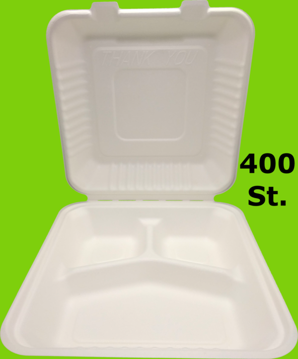 400 Zuckerrohr Menüboxen - 3-geteilt - 230x230x76mm - 1300ml stabile Lunch Box Bio Plastikersatz