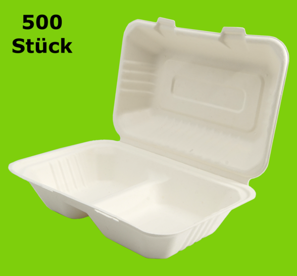 500 Zuckerrohr Menüboxen - 2-geteilt - 230x153x80mm - 700ml stabile Lunch Box Bio Plastikersatz