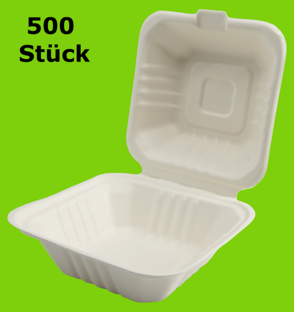 500 Zuckerrohr Menüboxen - Hamburger Box - 152x152x76mm - 450ml stabile Lunch Box Bio Plastikersatz